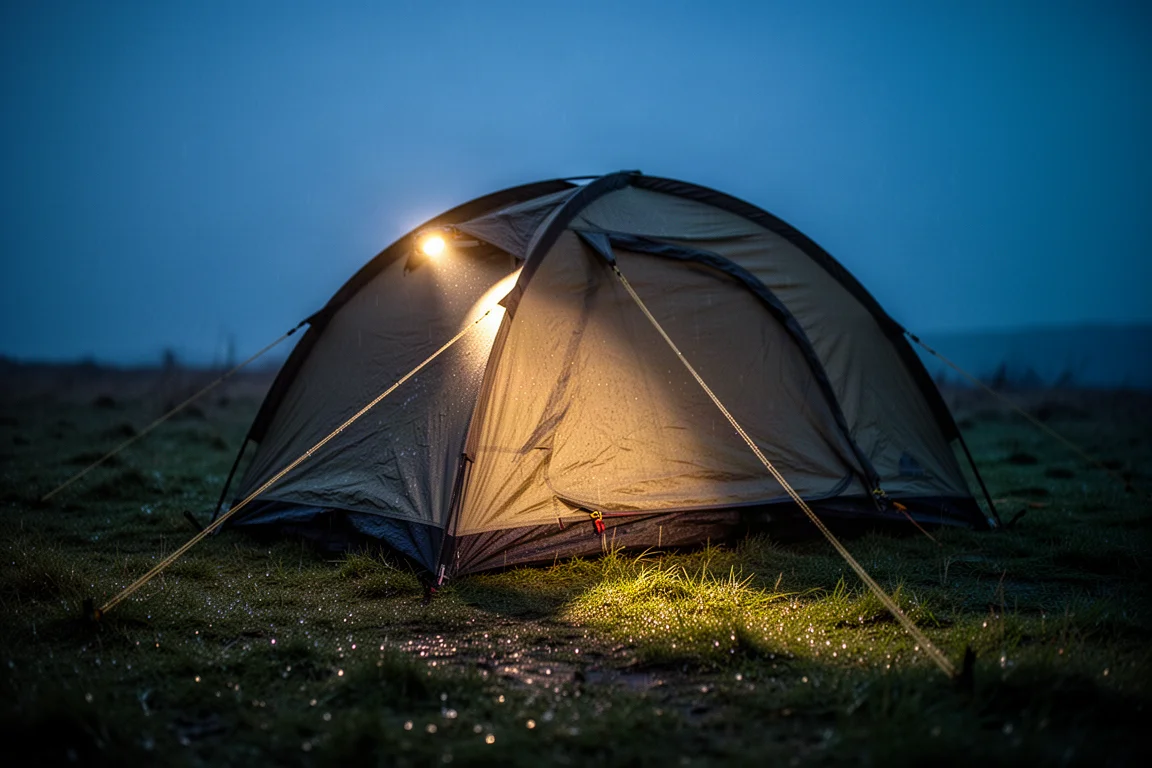 Solo-Zelt teilweise auf unebenem Gras bei Nacht aufgebaut, beleuchtet von einem Stirnlampenstrahl