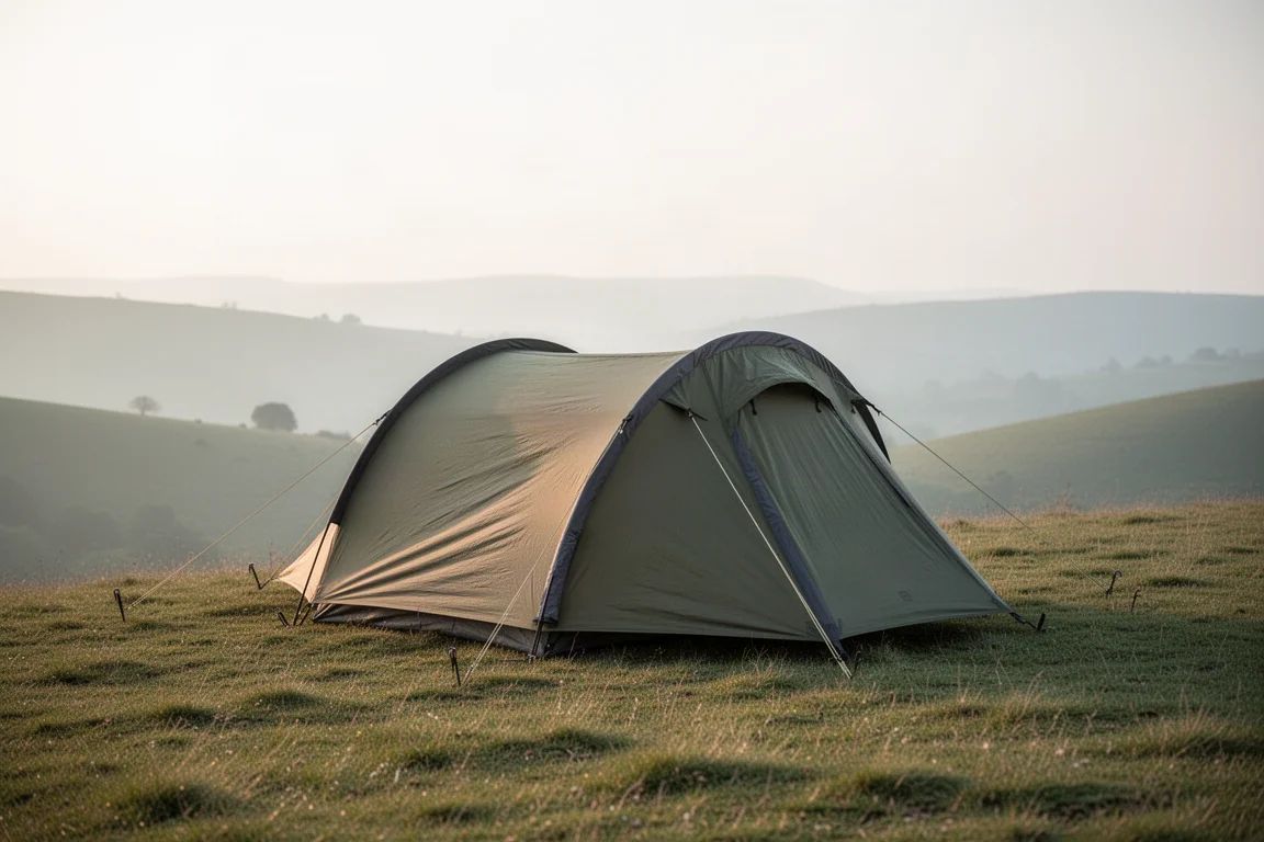 Low-profile olive solo tunnel tent pitched on a grassy hilltop at dawn with distant hills