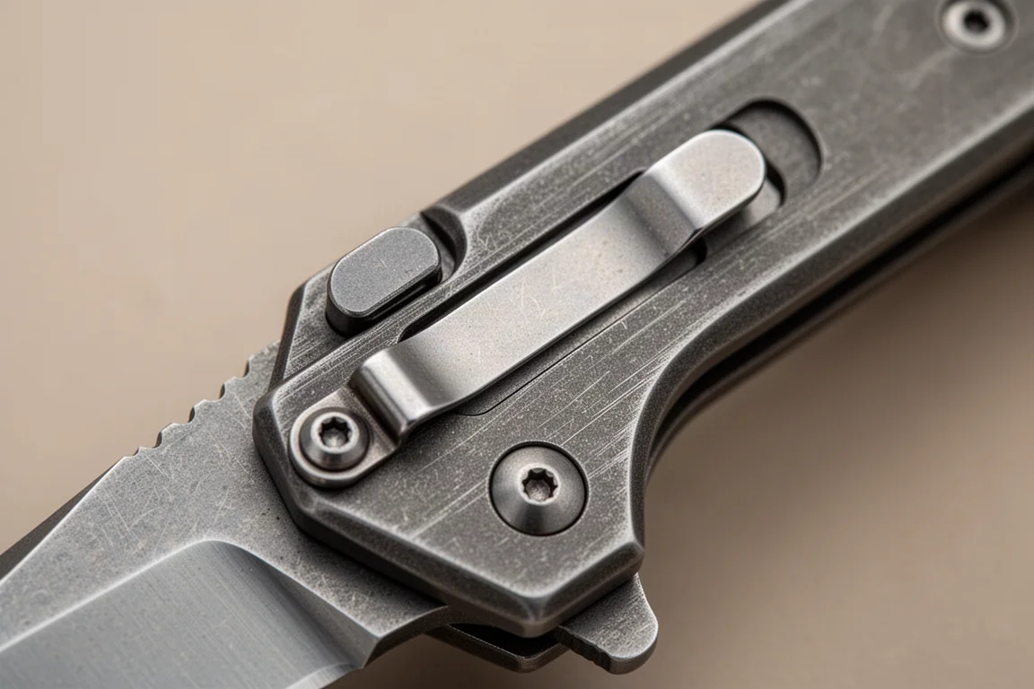 Close-up van een titanium framelock en lockbar-stabilisator op een klapmes