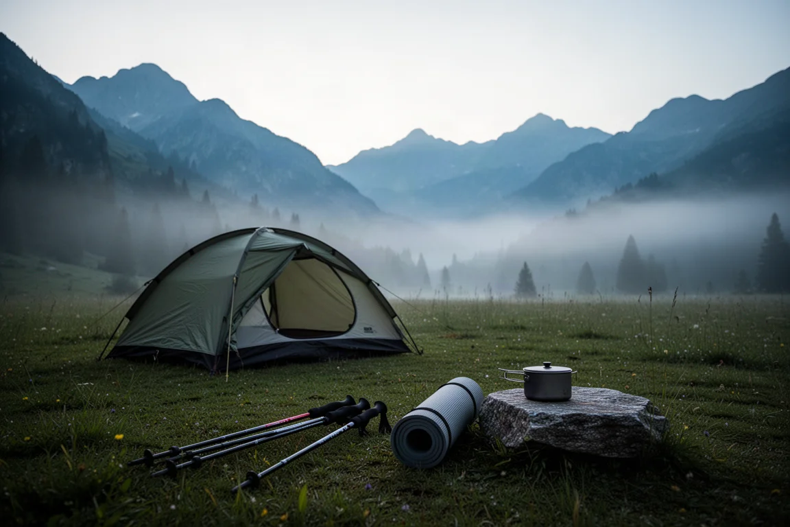 Interno di una grande tenda da backpacking gialla a doppio tetto con tasche laterali e attrezzatura sistemata