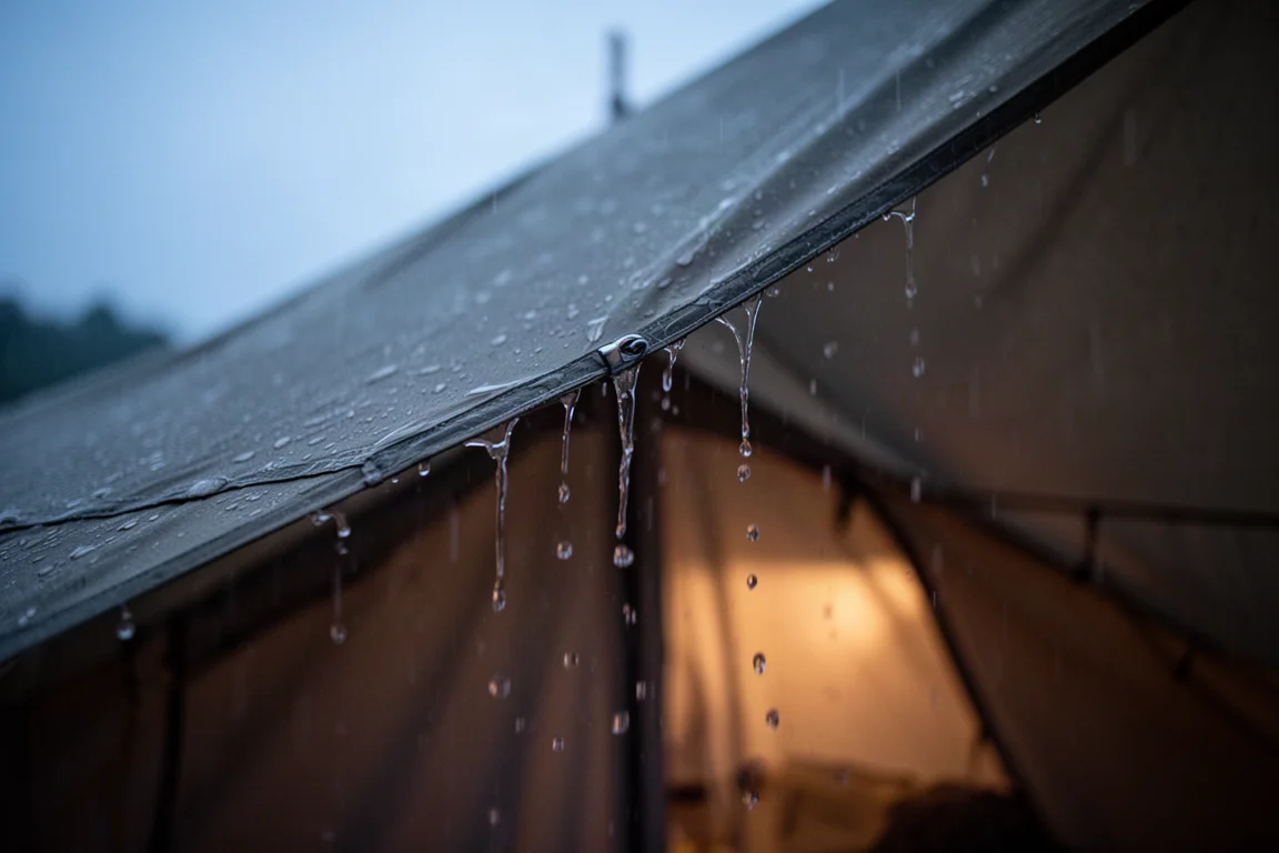 Tenda alta da backpacking montata su un crinale esposto al vento sotto un cielo coperto