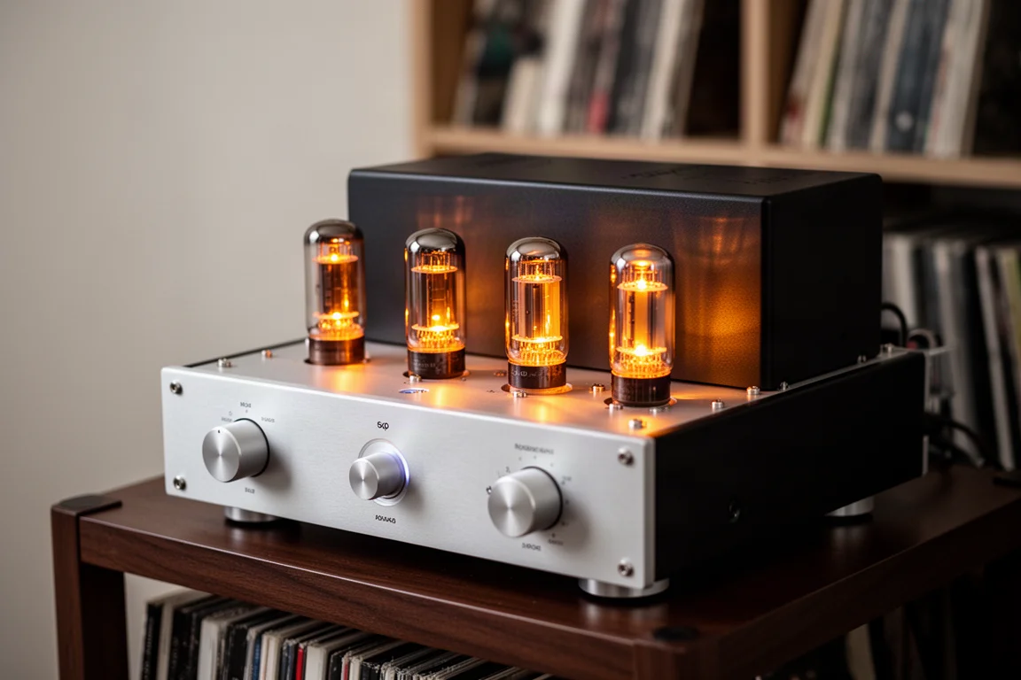 Primo piano di quattro piccole valvole a vuoto che brillano all'interno di un componente hi-fi aperto