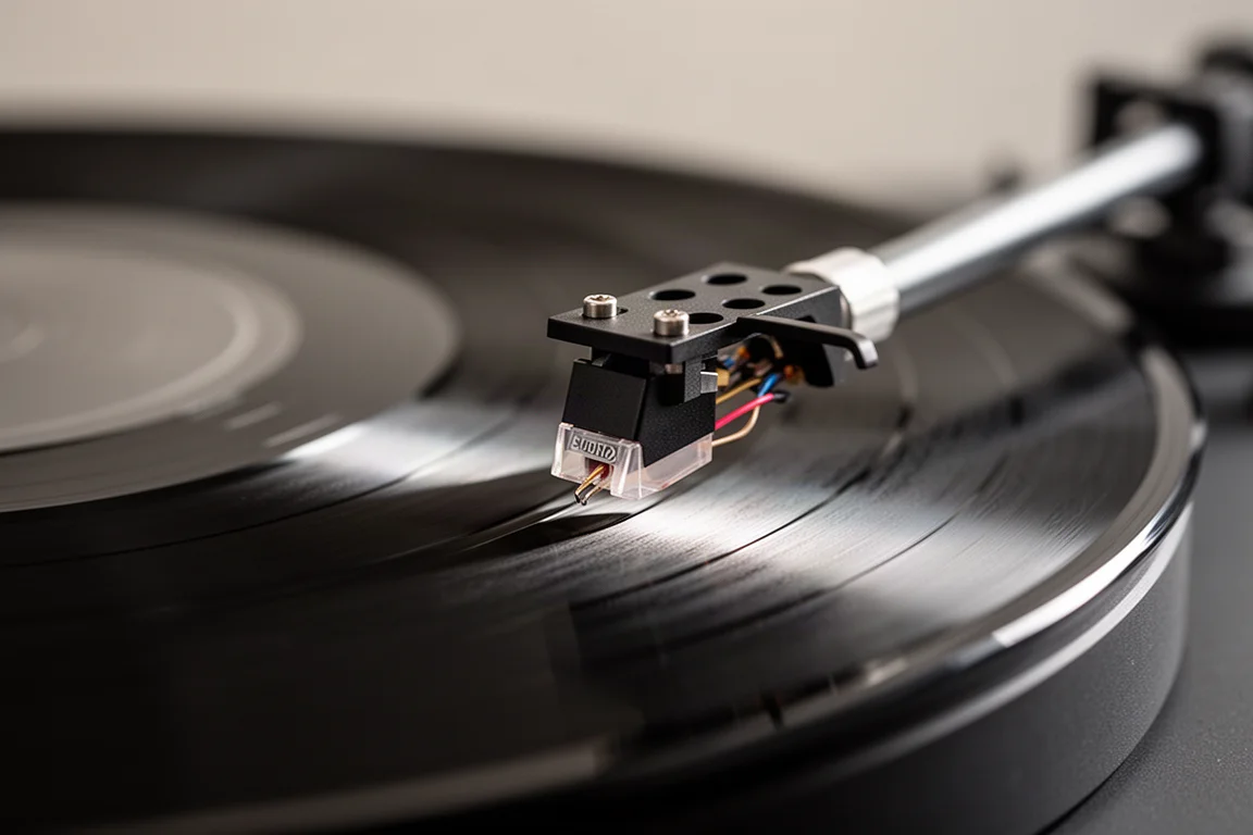 Vista macro di uno stilo del giradischi che segue un solco in un disco in rotazione