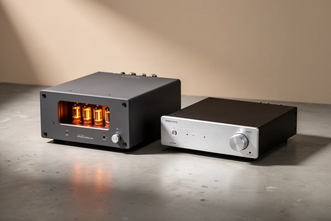 Tube and solid-state phono preamplifiers side by side on a concrete surface
