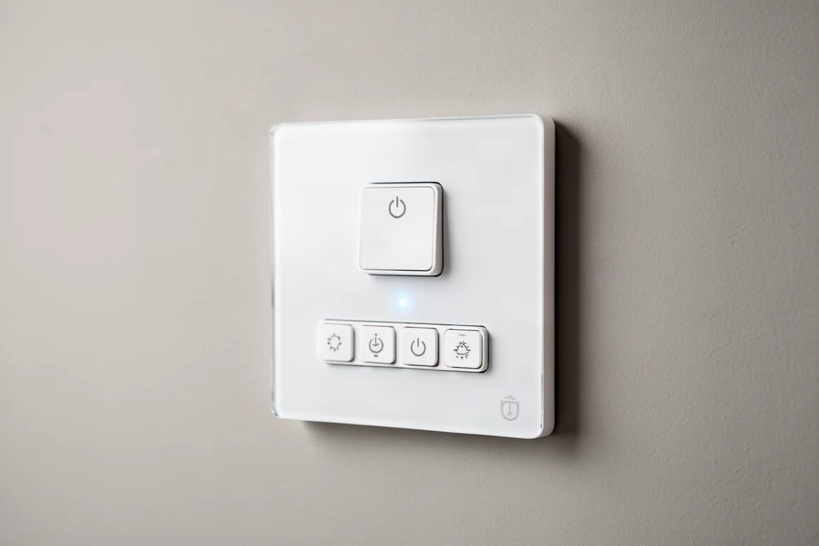 Smart-Home-Geräte, darunter ein E-Ink-Dashboard, Garagentoröffner, Smart-Button und Luftqualitätssensor, auf einer Betonoberfläche angeordnet