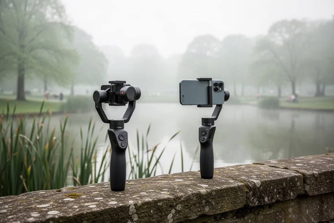 Kompaktes Handy-Gimbal auf einer Steinmauer neben einem Teich im Park bei sanftem Morgenlicht