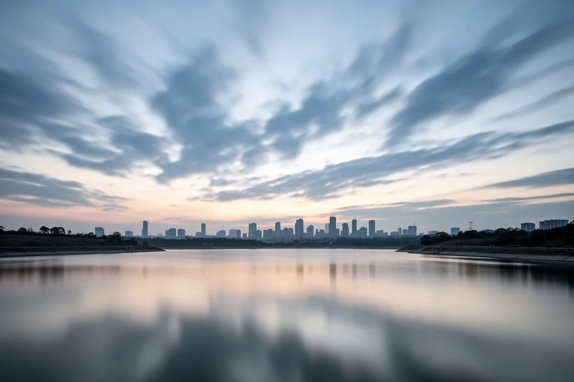 Wolken ziehen in der Dämmerung über ein weites Stadtreservoir in einer Langzeitaufnahme