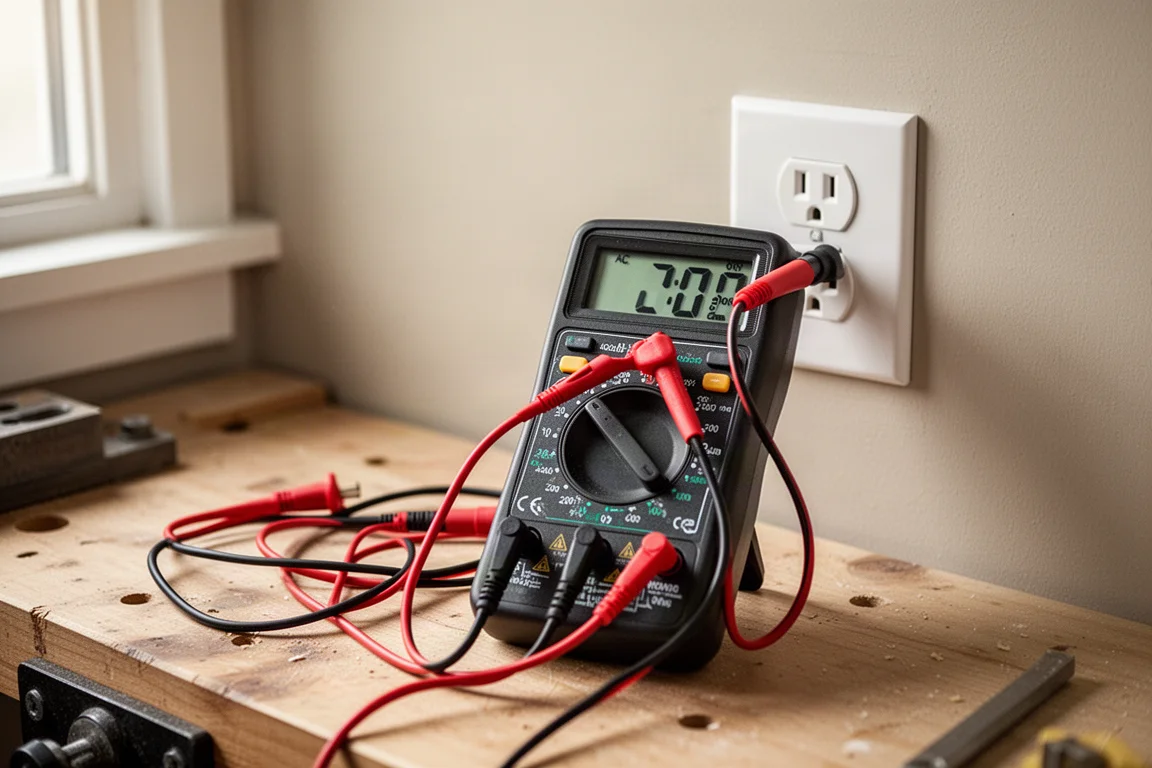 萬用電表探針量測牆壁插座的交流電壓