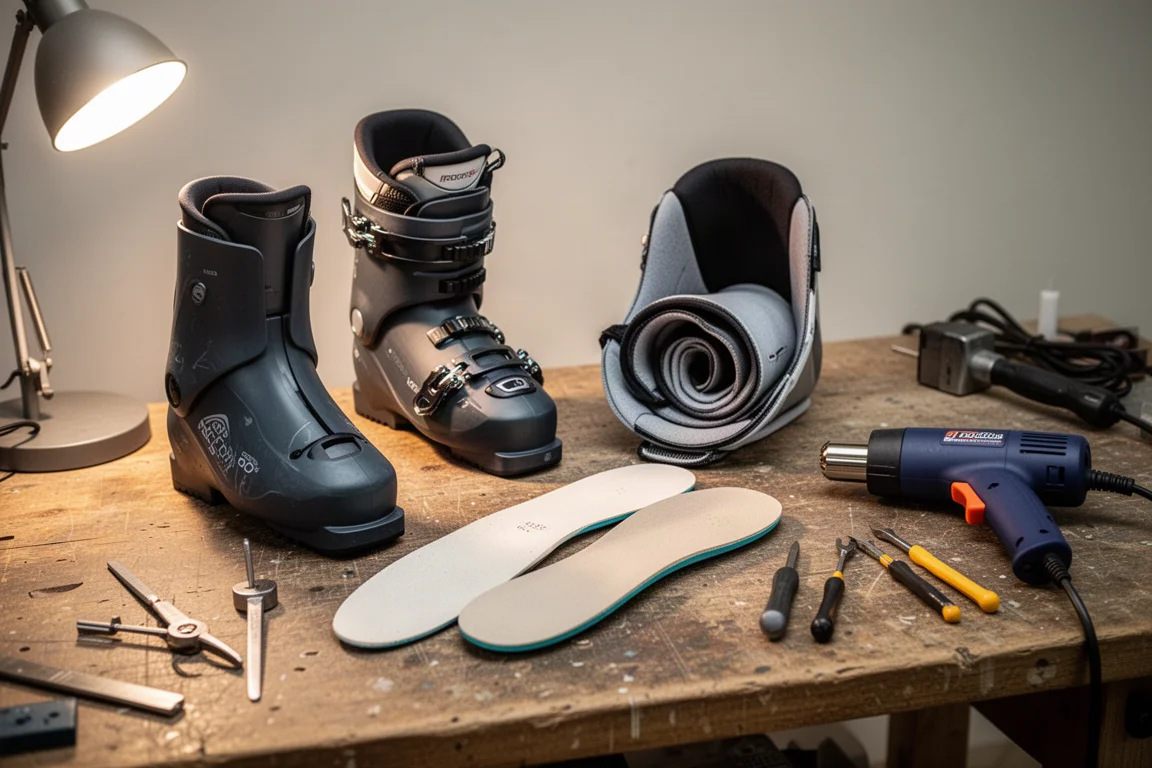 Boot fitting workbench with ski boot shells, liners, footbed blanks and hand tools