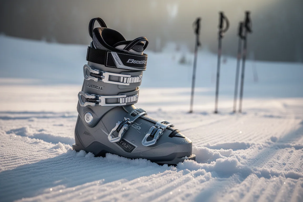 Buckled ski boot resting on packed snow in low morning sunlight