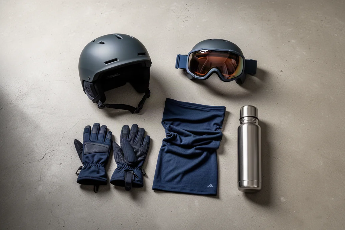 Overhead flat lay of ski accessories on concrete with helmet, goggles and gloves