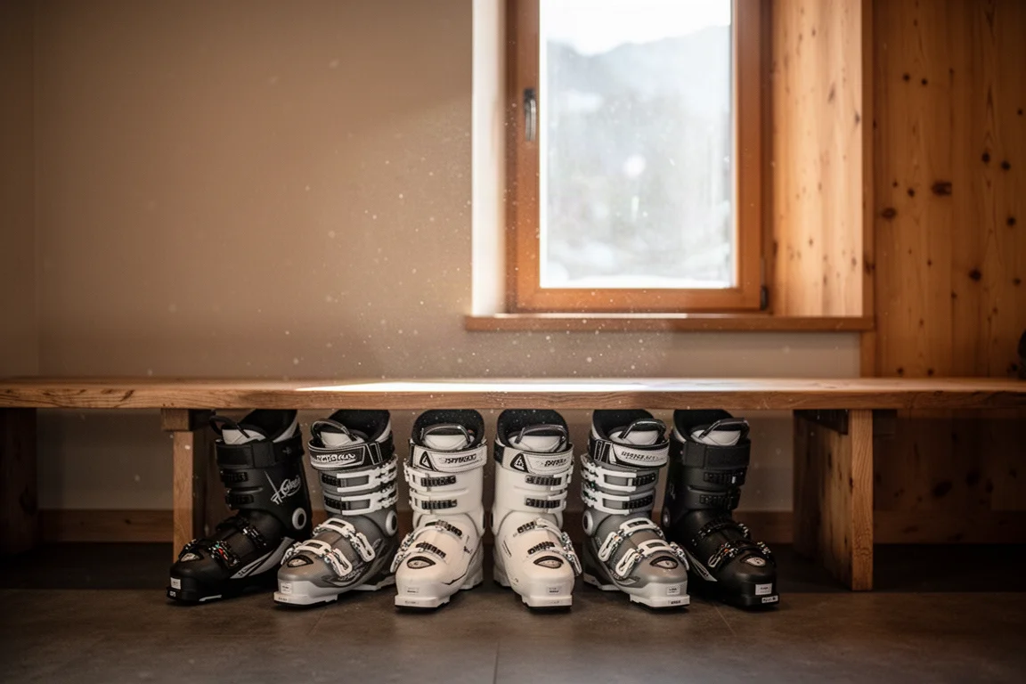 Row of ski boots lined up on a wooden lodge bench in warm window light