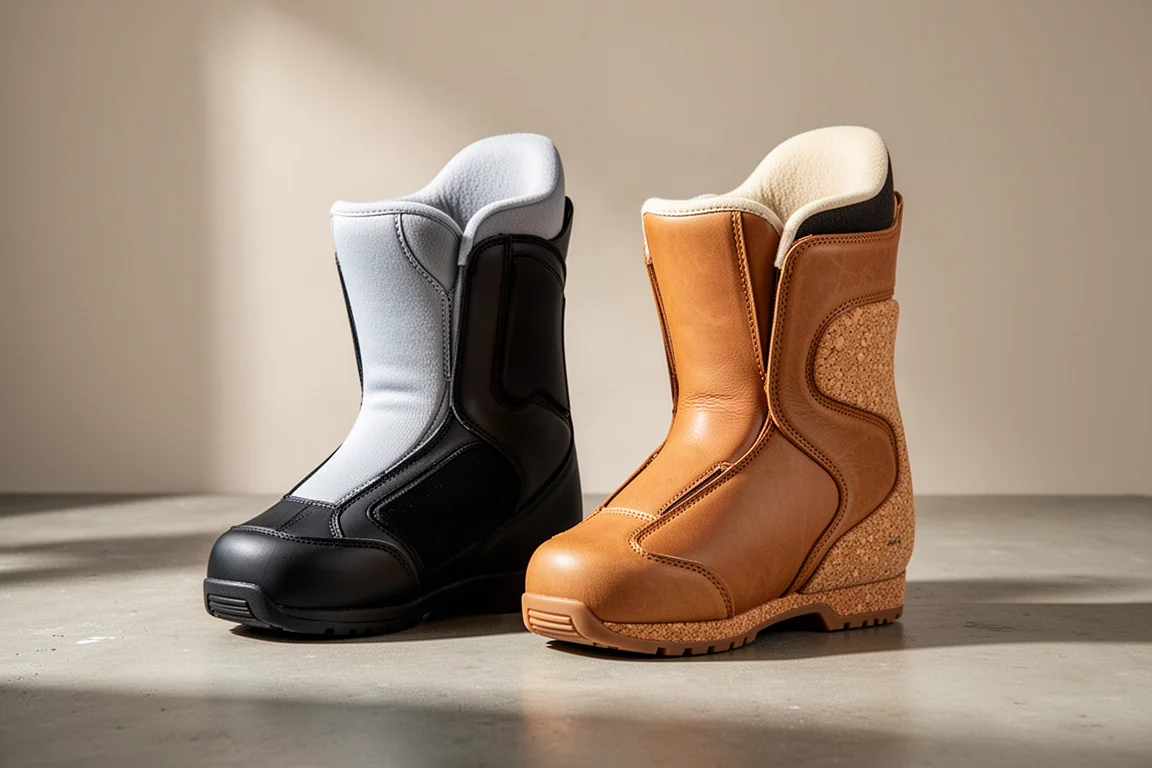 Two ski boot liners side by side on a concrete surface, one neoprene lined and one leather lined