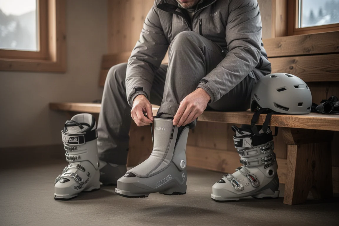 Un skieur lace son chausson de chaussure de ski sur un banc dans un refuge
