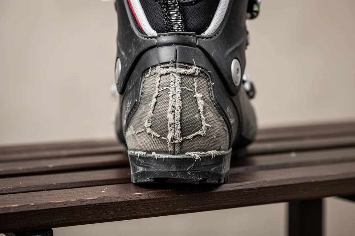 Talon d'un chausson de ski usé montrant des dommages après une saison d'utilisation