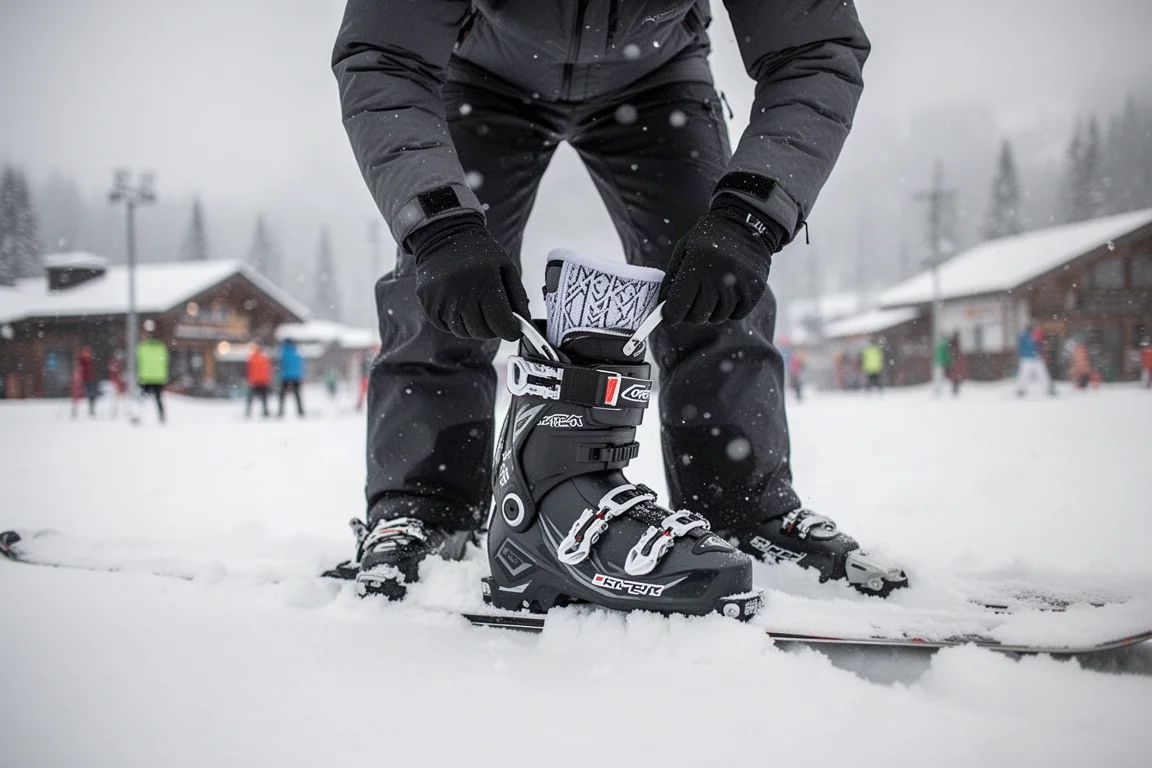 Un skieur debout dans la neige enfilant une coque de chaussure de ski