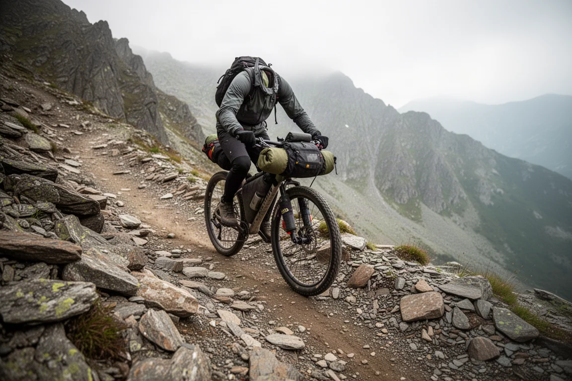 帶著 bikepacking 行李袋的礫石車騎士奔馳在多岩山徑上