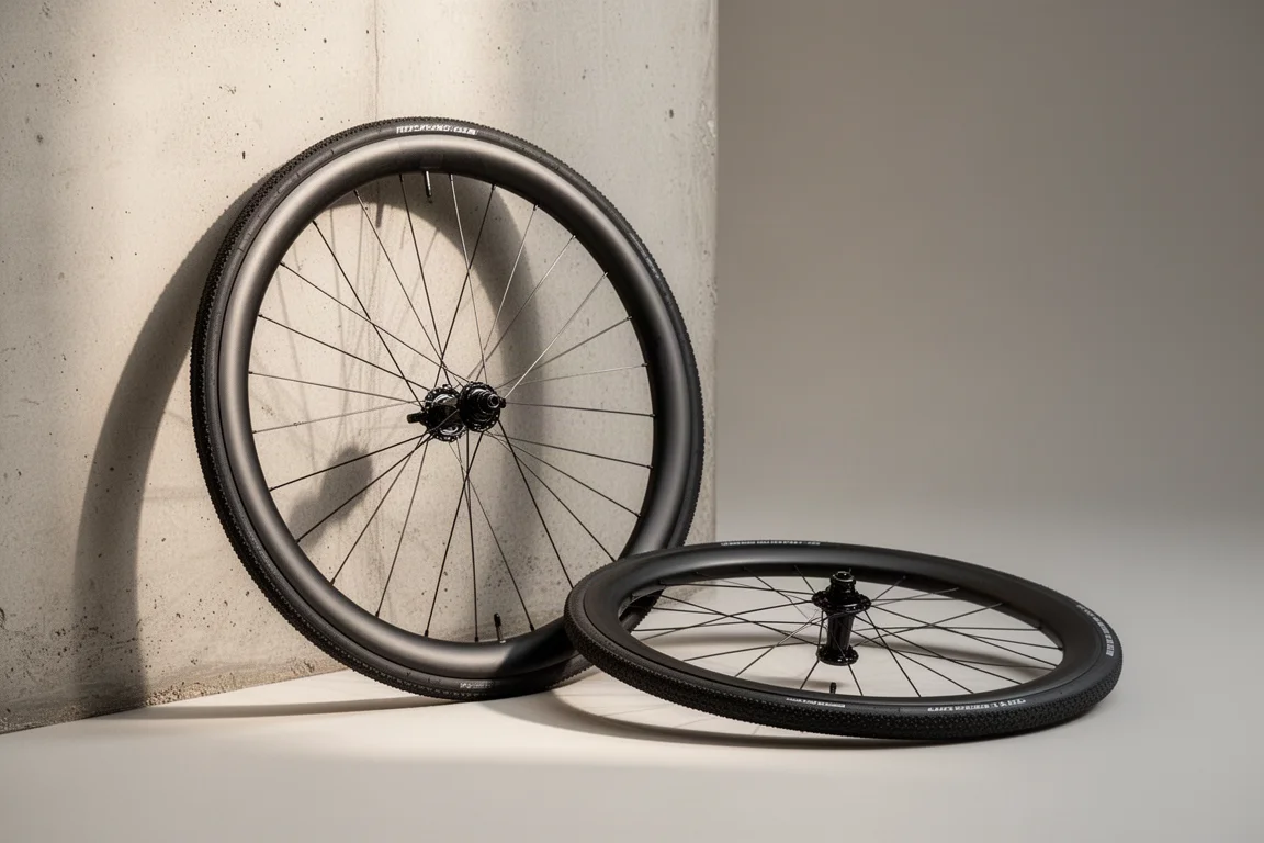 薄いグレーのスタジオ背景に置かれたZipp 101 Explore カーボングラベルホイール