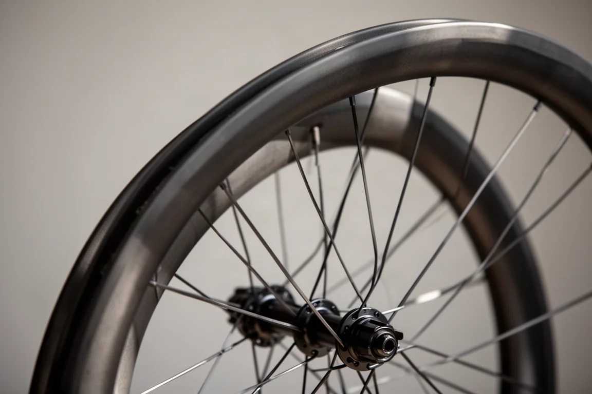 Rear wheel in close-up showing shallow carbon rim and bladed spokes