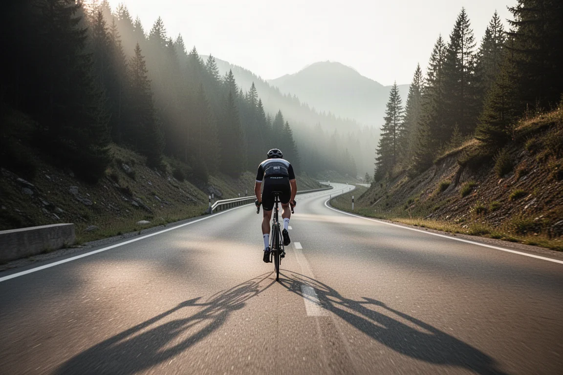 Cyclist climbing a mountain road in early morning light