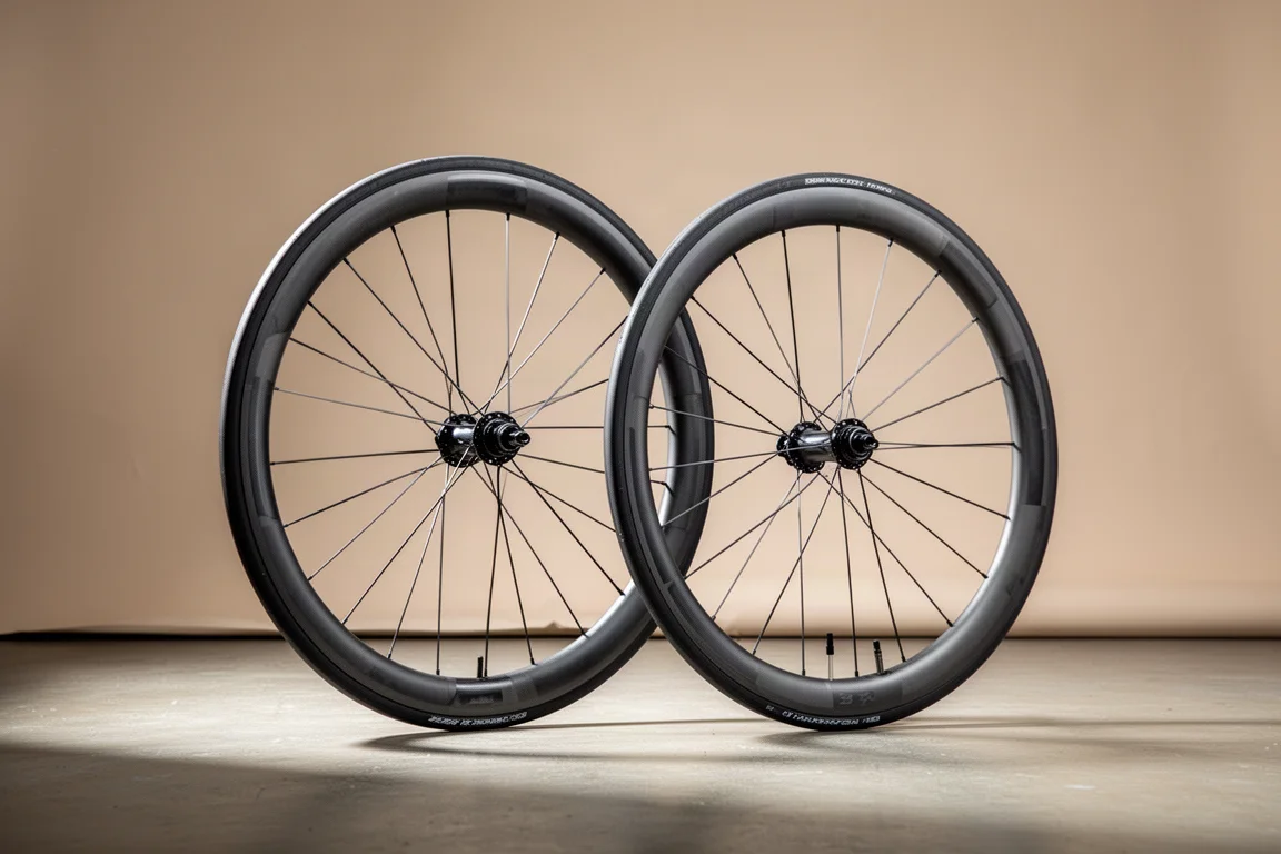 Pair of shallow carbon road bike wheels on a matte concrete studio backdrop