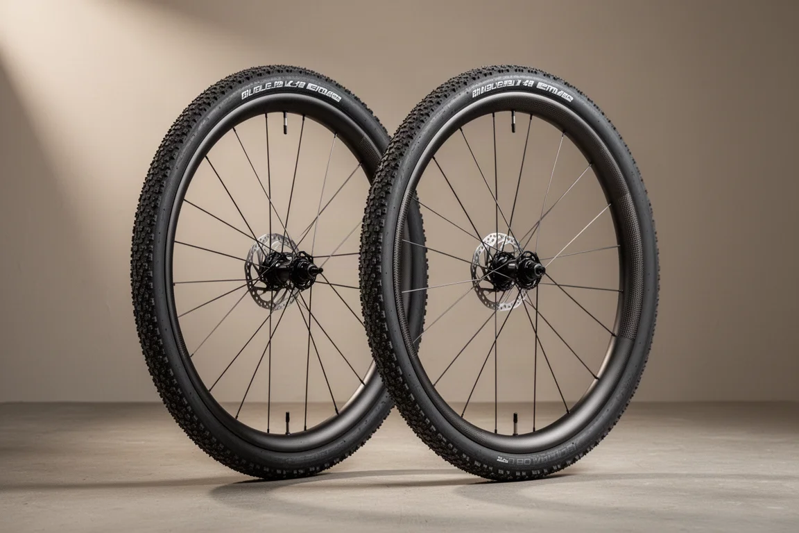 コンクリート上に置かれた、深いカーボンリムとグラベルタイヤを備えた2本のワイドなグラベルバイクホイール