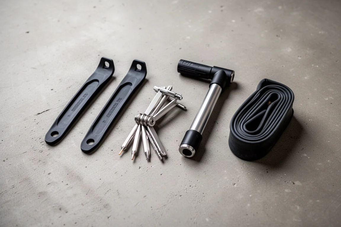 Flat-lay di strumenti per il gravel tra cui leve smontagomme, pompa a mano e multi-tool
