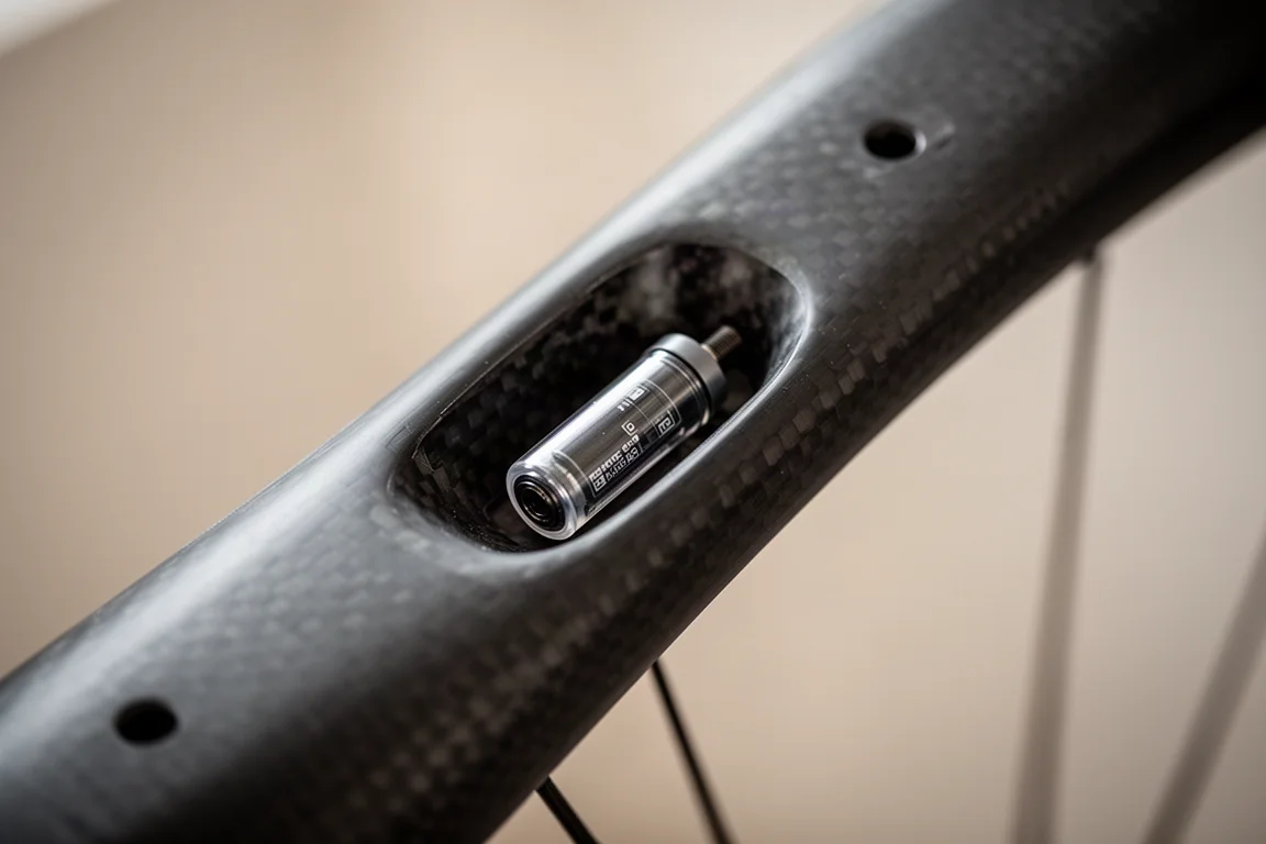 Close-up of a carbon rim interior with a small sensor cartridge slid into place