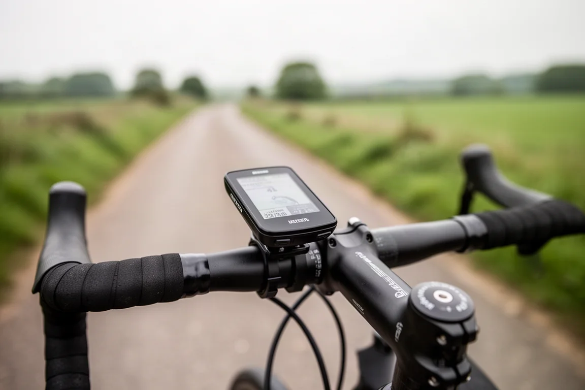 Road bike head unit mounted on the handlebar showing live data during a ride