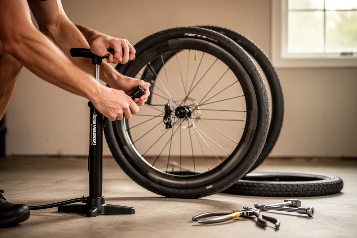 Cyclist using a hand pump to seat a tubeless tire on a wide rim in a garage