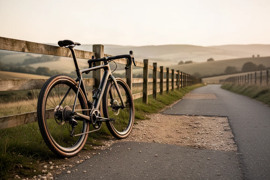Gravel bike on a mixed road and gravel path winding through rolling countryside