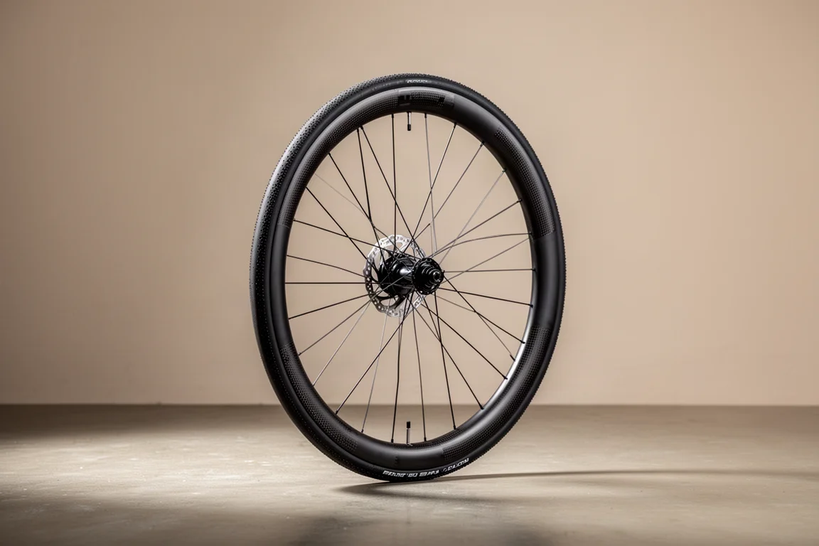 Deep carbon bike wheel with dimpled rim sidewalls standing on concrete
