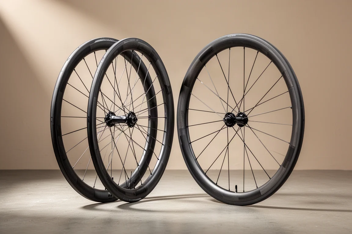 Two pairs of carbon road bike wheelsets with black tyres standing on a concrete floor