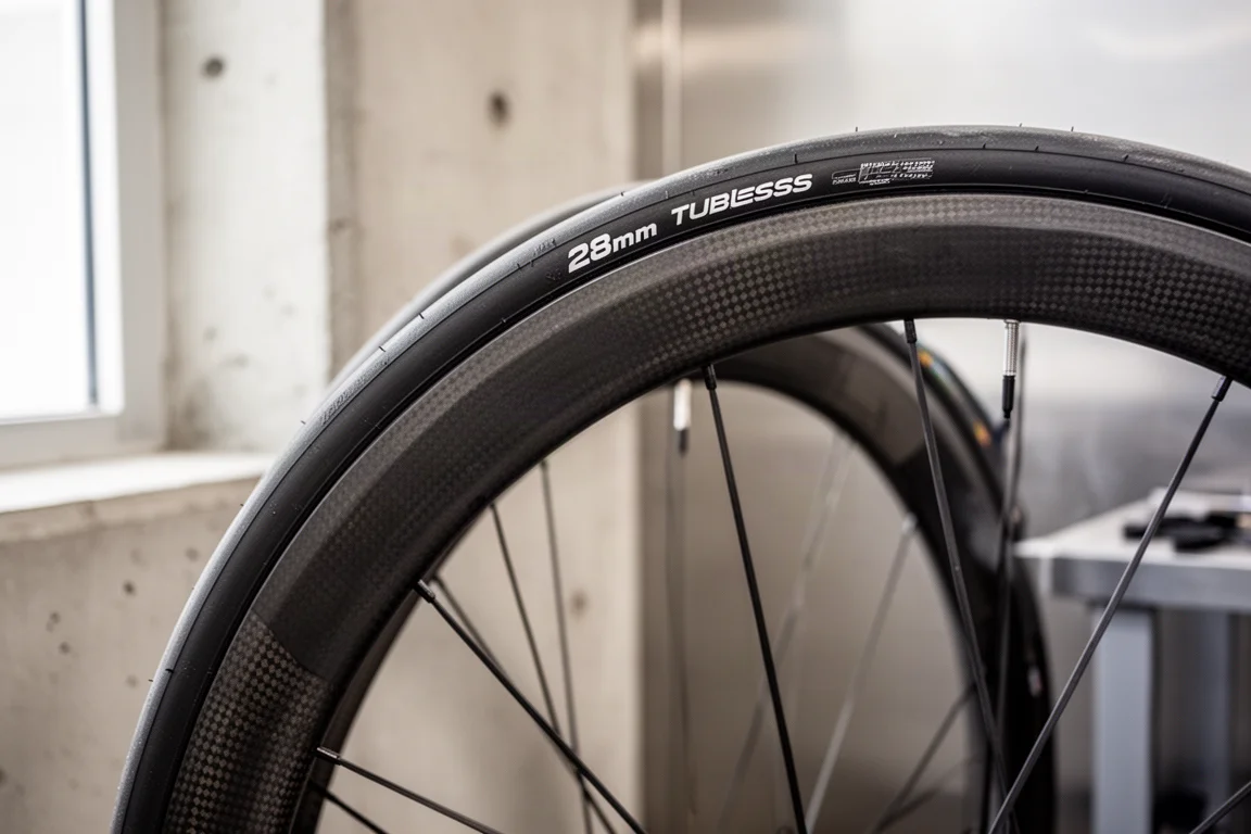 Close-up de um aro de carbono profundo com pneu tubeless largo de 28mm montado