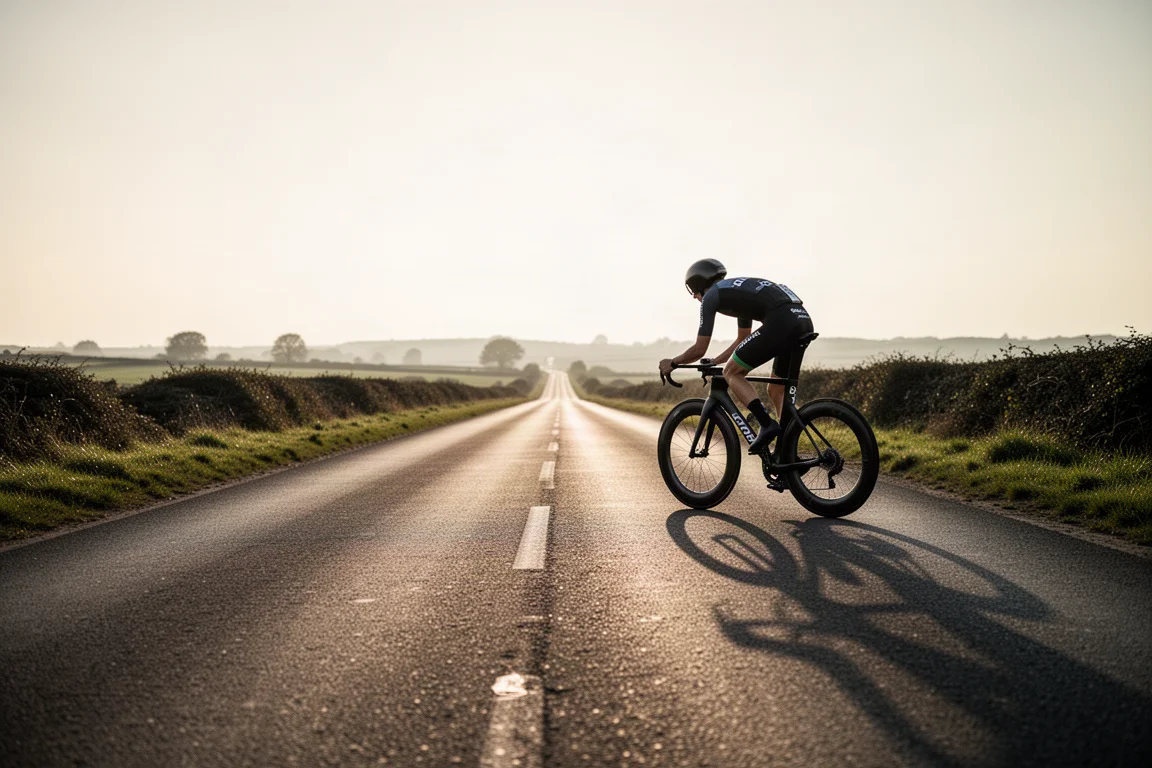 Estrada aberta se estendendo até o horizonte com um ciclista em uma bike aero ao fundo