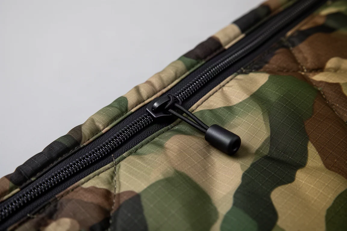 Primo piano di una zip nera sul bordo trapuntato di una coperta in nylon mimetico