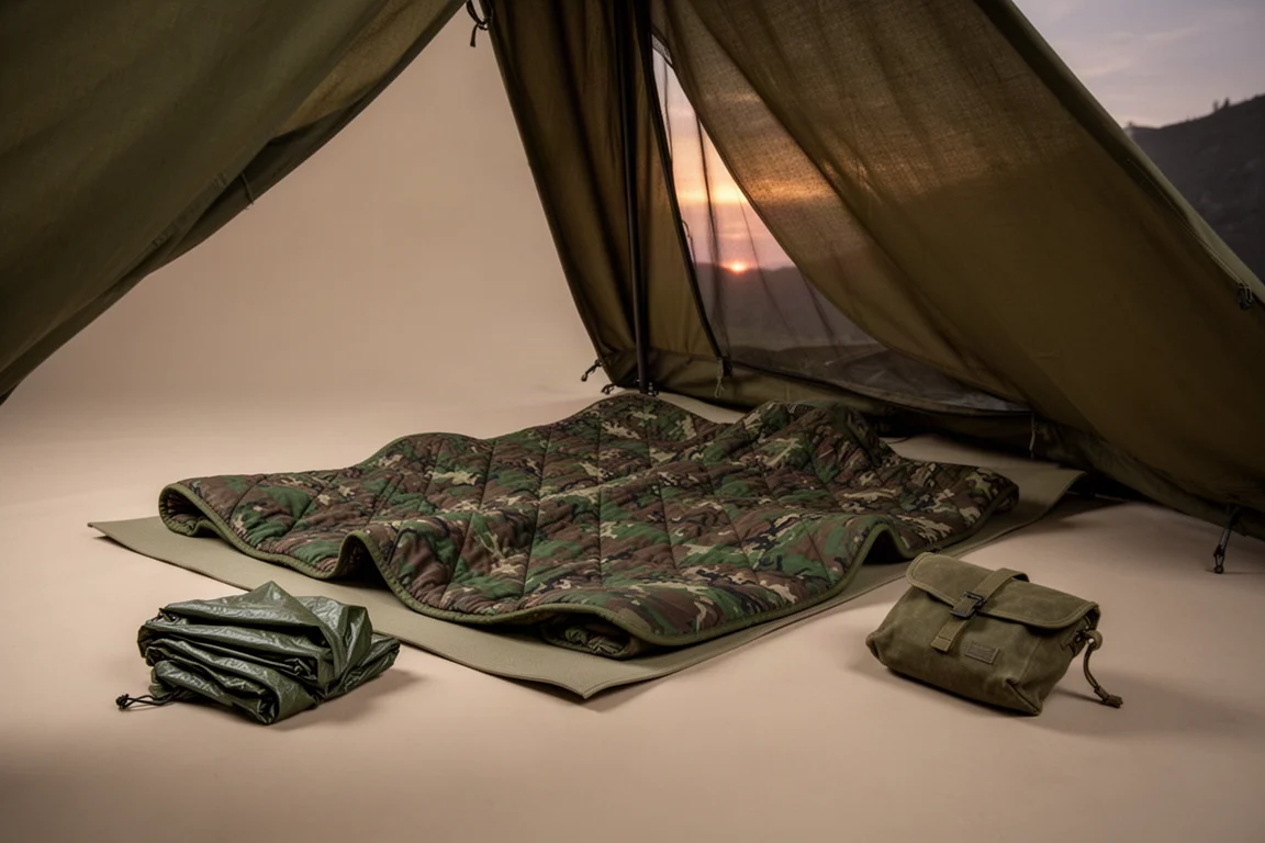 Cobertor de acampamento camuflado estendido sobre um colchonete dentro de um abrigo baixo ao anoitecer