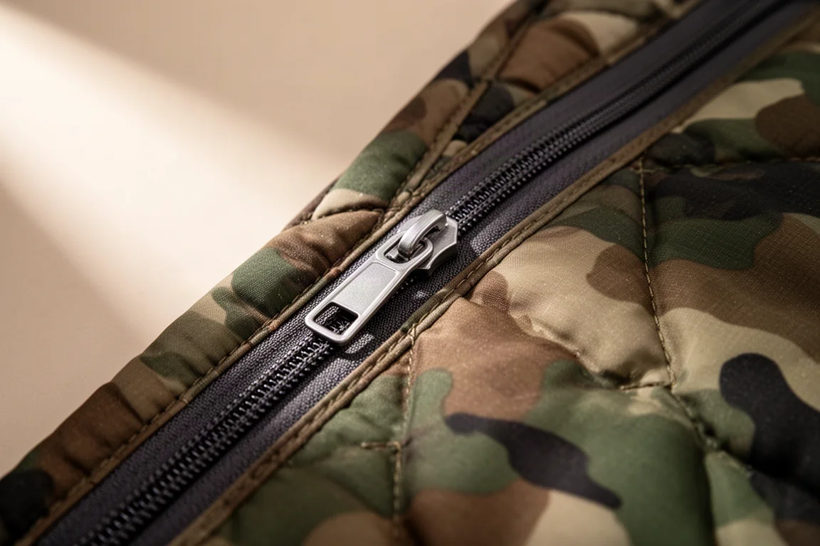 Close-up de um zíper longo e escuro percorrendo a borda de um cobertor camuflado acolchoado
