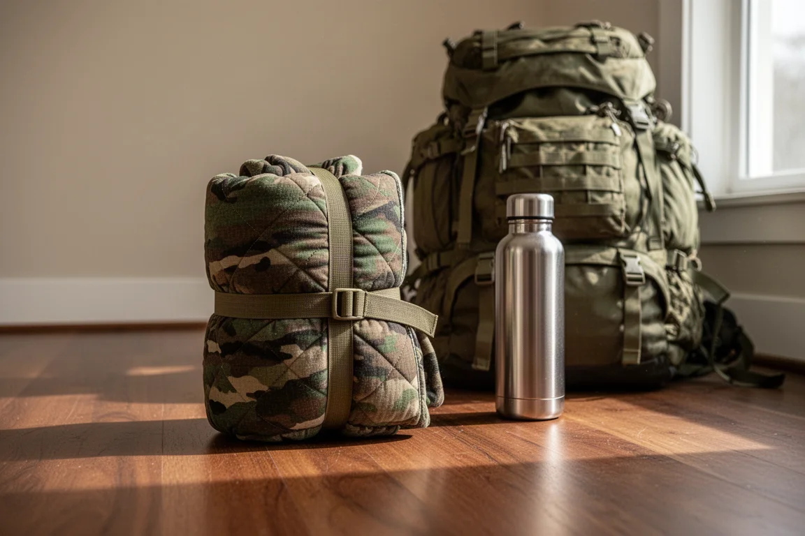 Cobertor acolchoado comprimido em um fardo compacto ao lado de uma mochila de trilha carregada