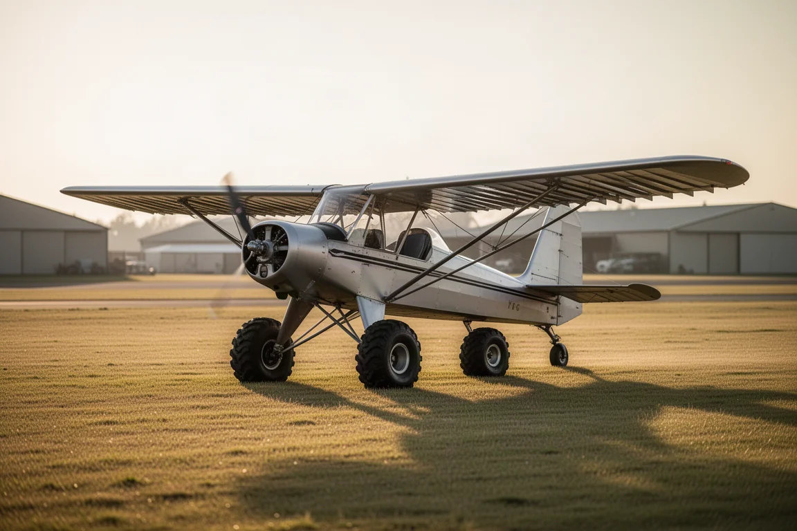 Taildragger STOL de dois lugares em um aeródromo de grama sob luz dourada do fim de tarde