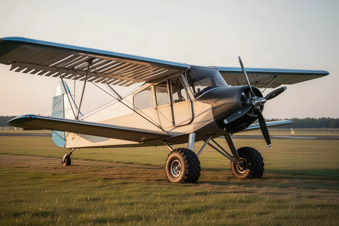 Two-seat STOL taildragger with oversized tires on a grass airfield
