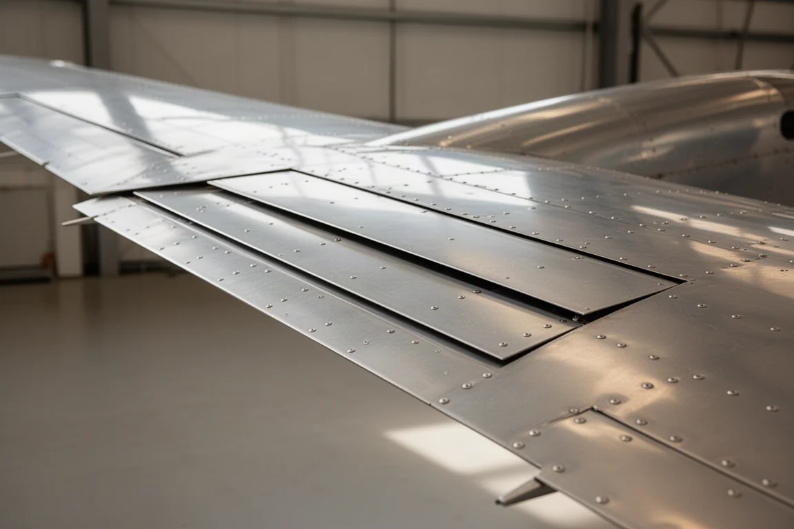 Flügeldetail eines hochdeiners Spitzzieher-Flugzeugs, Slats eingefahren in die Flügelnase