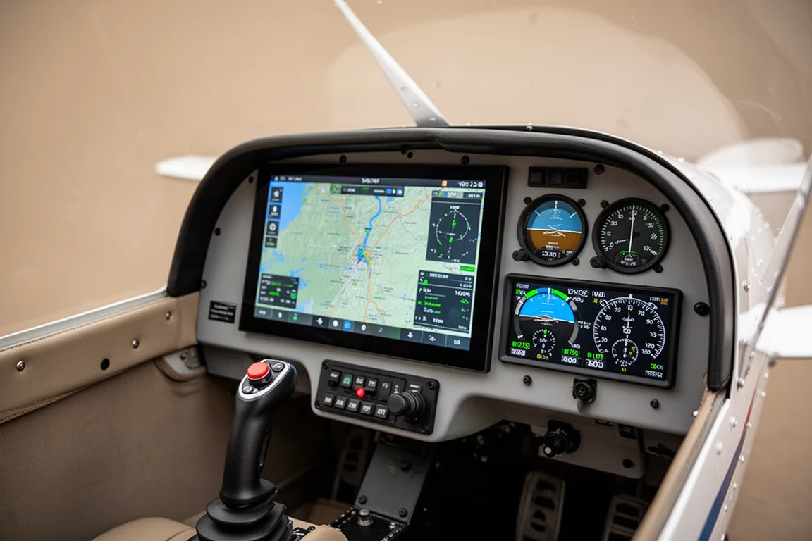 Instrumentenbrett eines Flugzeugs mit großem Moving-Map-Display und Triebwerksüberwachungsbildschirmen