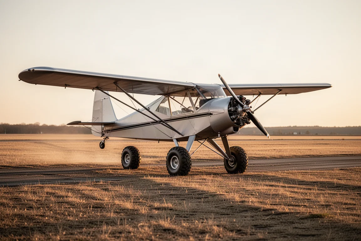 Spitzzieher-Bushplane auf unbefestigter Graspiste im sanften Abendlicht