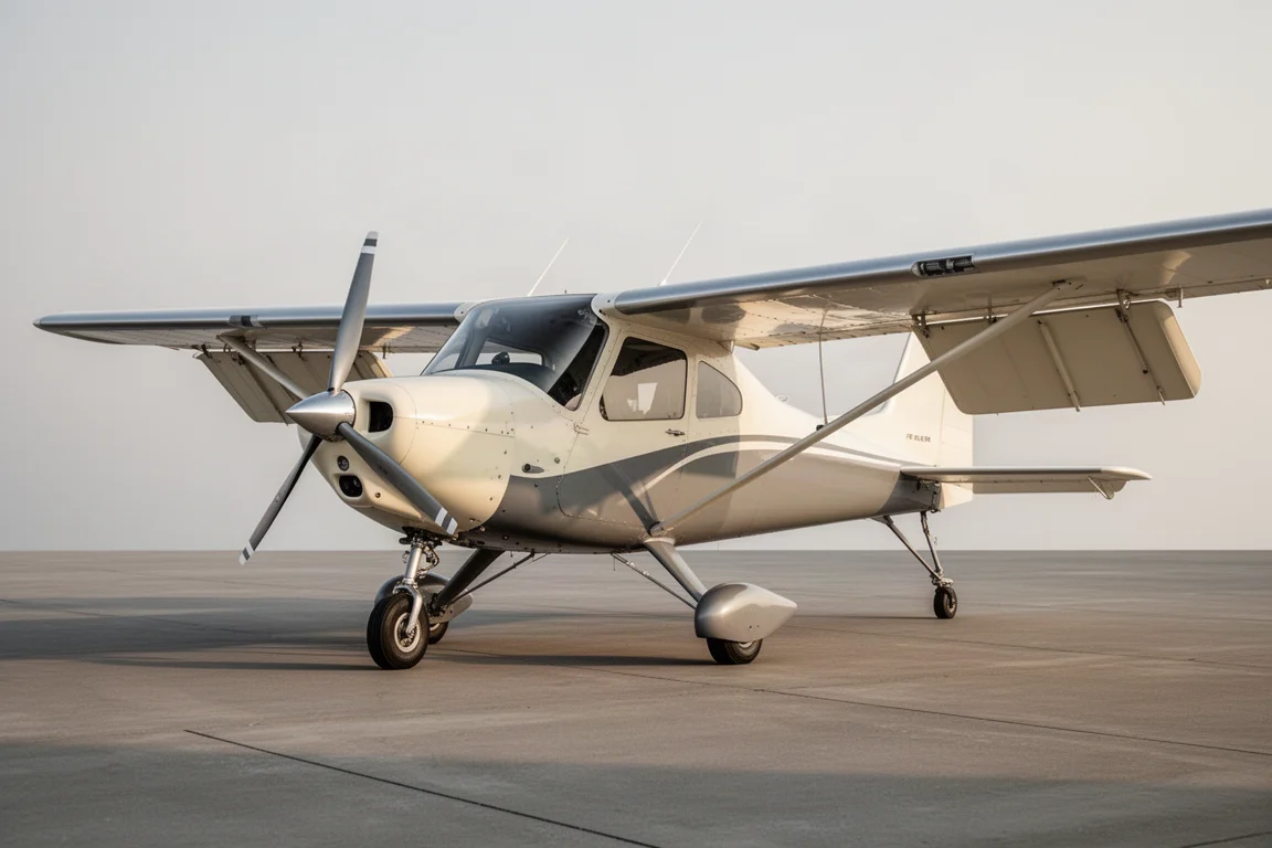 High-wing tailwheel light sport aircraft in cream and grey parked on a concrete apron
