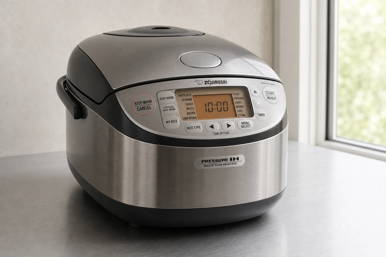 Five Zojirushi rice cookers arranged by size on concrete surface