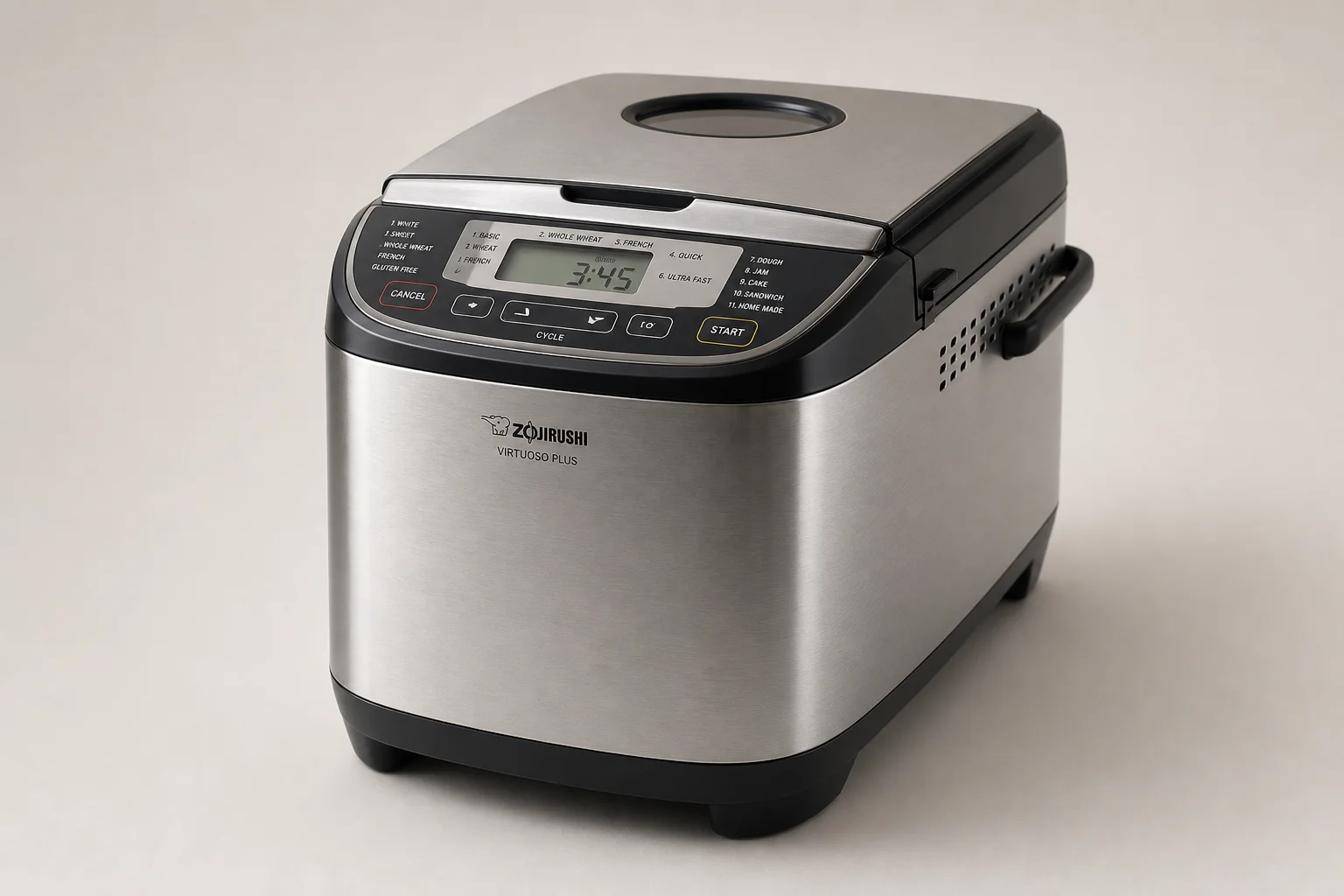 Four Zojirushi bread maker models arranged on a wooden countertop