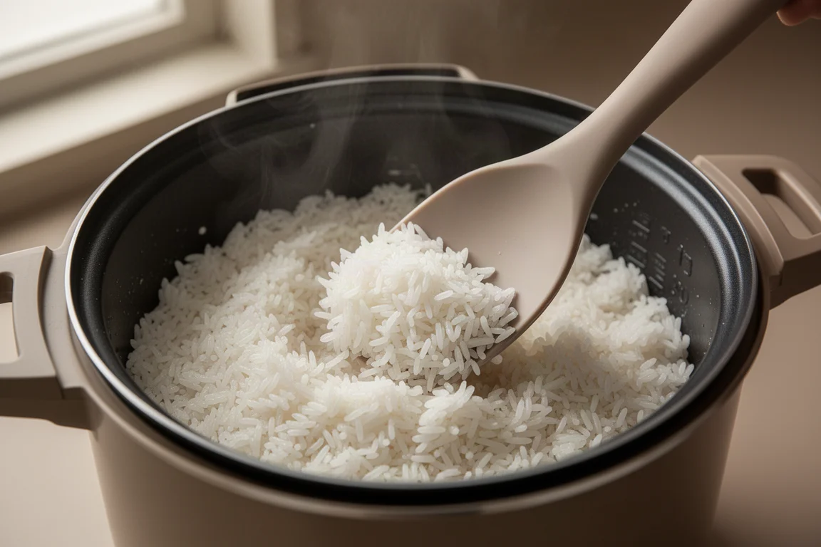 Arroz branco cozido e solto sendo mexido com uma pá dentro da panela interna de uma panela de arroz