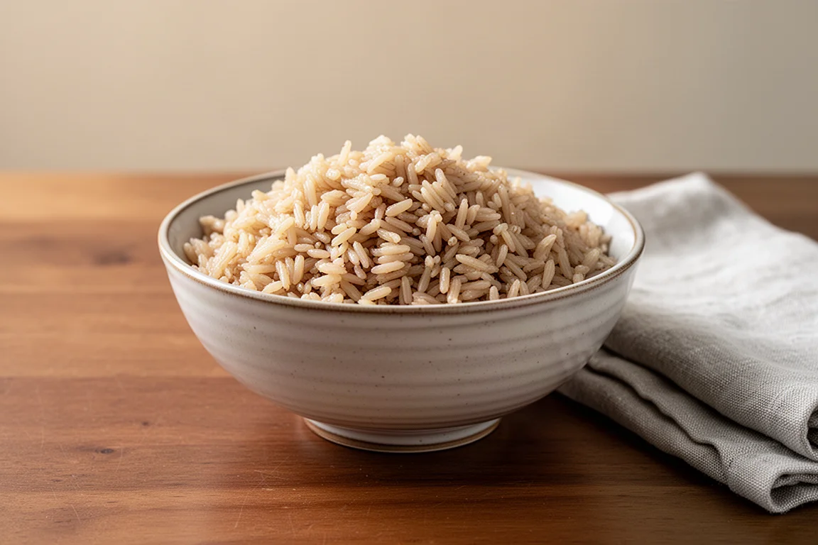 Uma tigela de arroz integral com grãos macios claramente separados sobre uma mesa de madeira