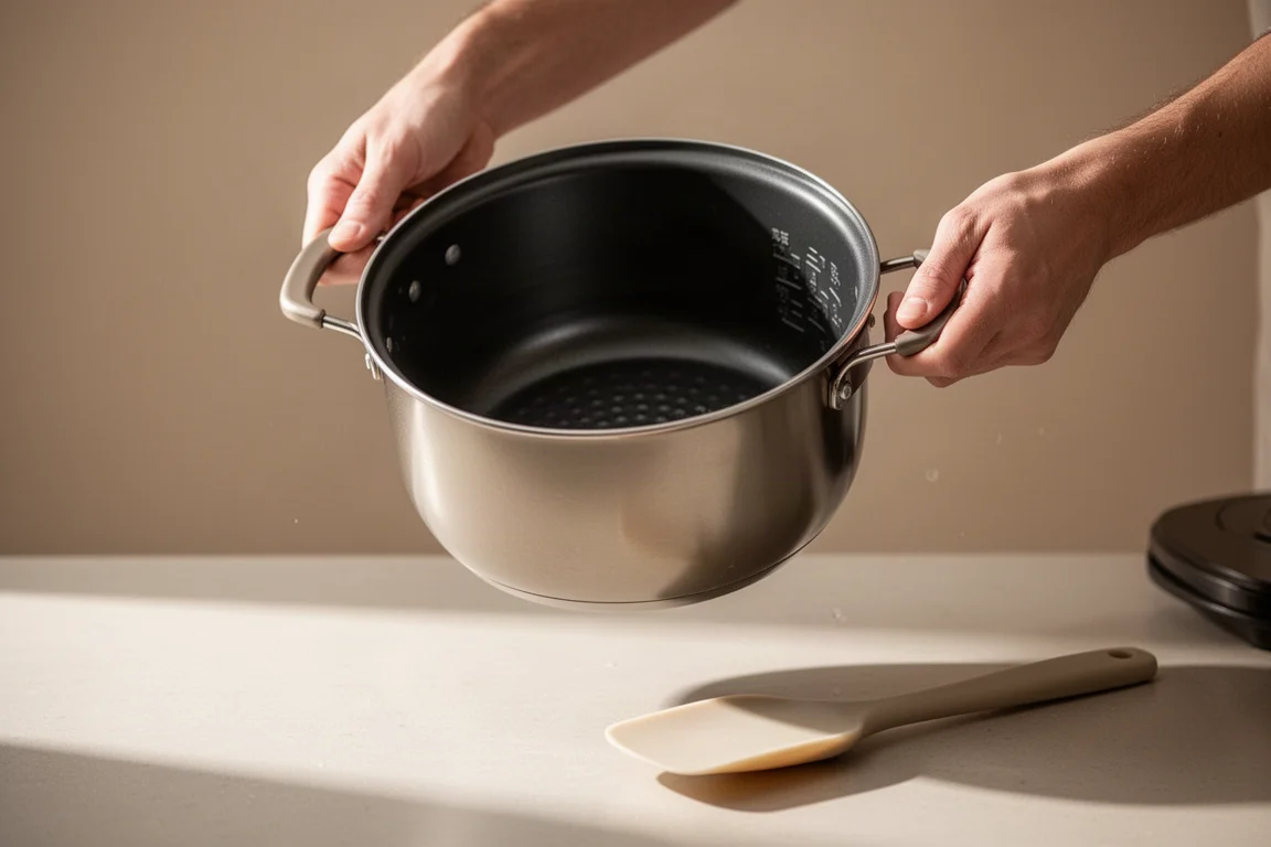 Uma tigela de arroz cozido mantida aquecida apoiada em uma bancada de cozinha à noite